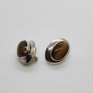 Vintage Sterling Silver 925 - Brown Cats Eye Oval Post Stud Earrings